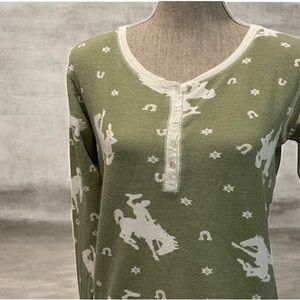 P.J. Salvage Cowboy Print Long Sleeve Tee Size Medium Green